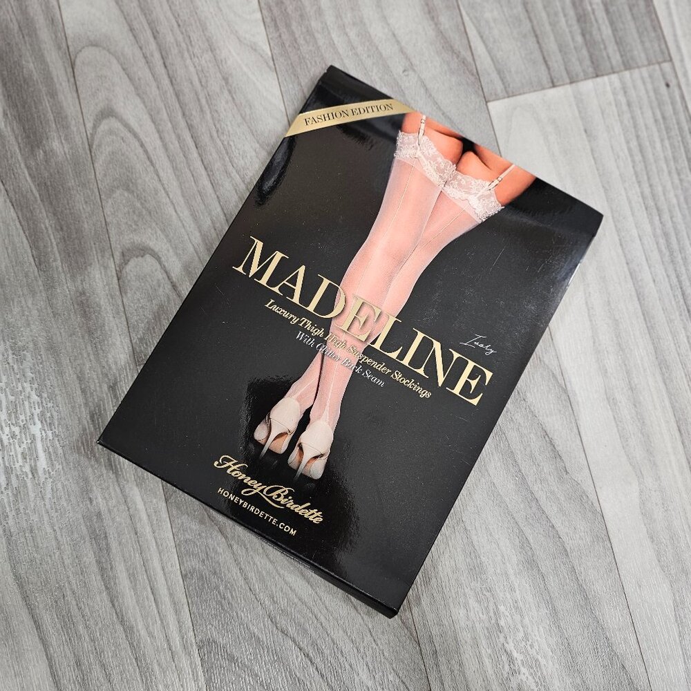 Honey Birdette Madeline Ivory and Gold Stockings Hosiery Thigh Highs Size L